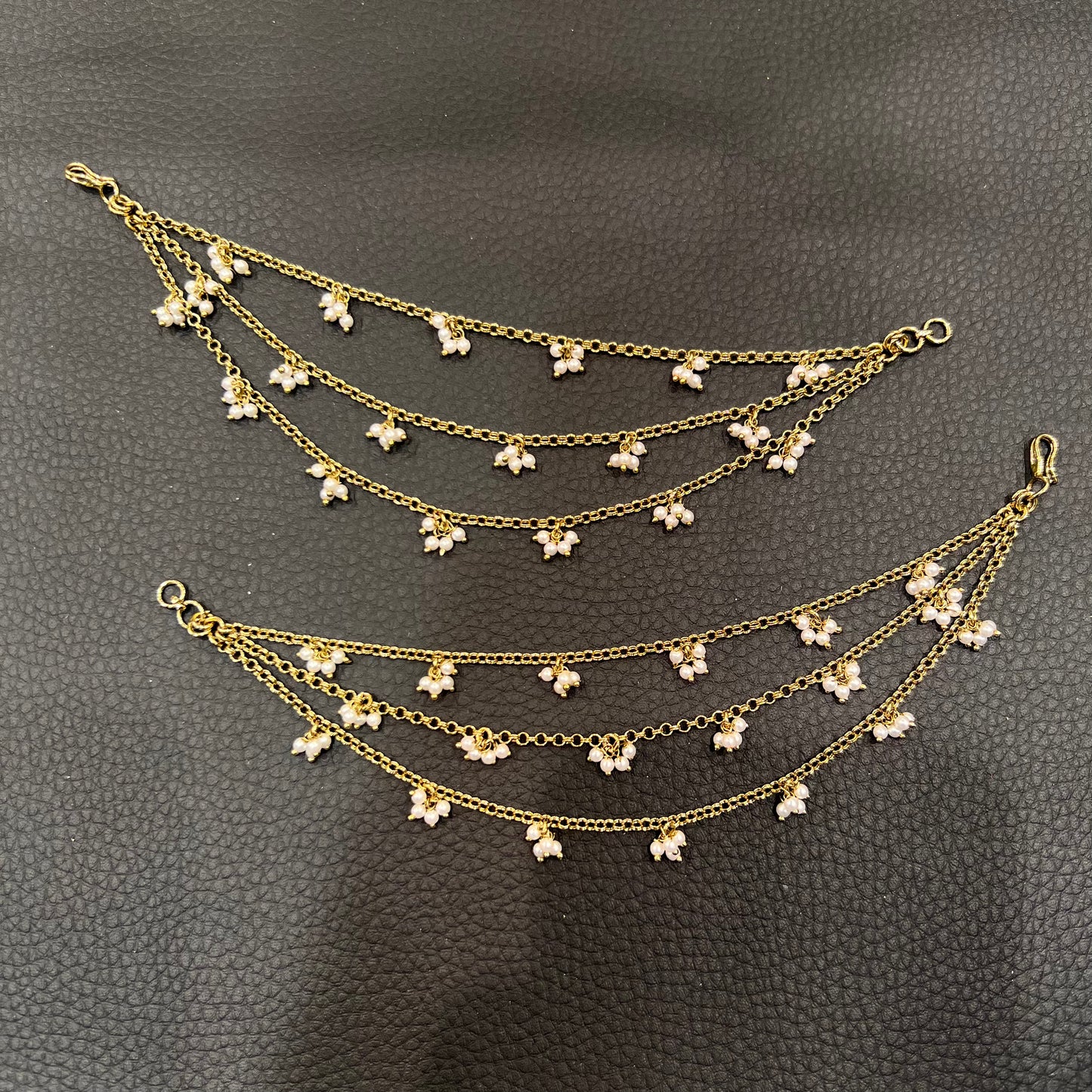 3 Line Chain with Pearl Cluster Ear Chains - Gold/White Pearls