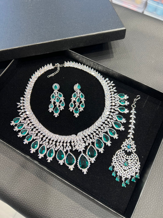 American Diamond Necklace Set - Silver/Teal