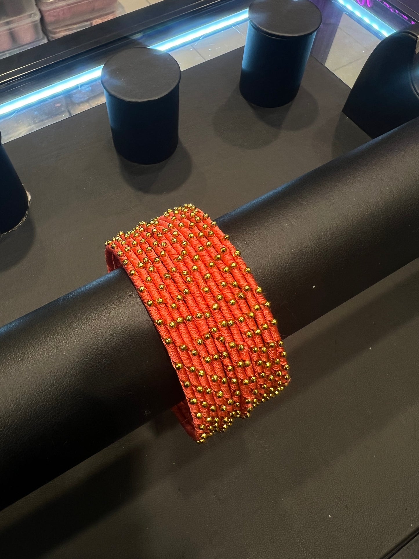 Thread Bangles - Dark Coral Pink/Gold Dot