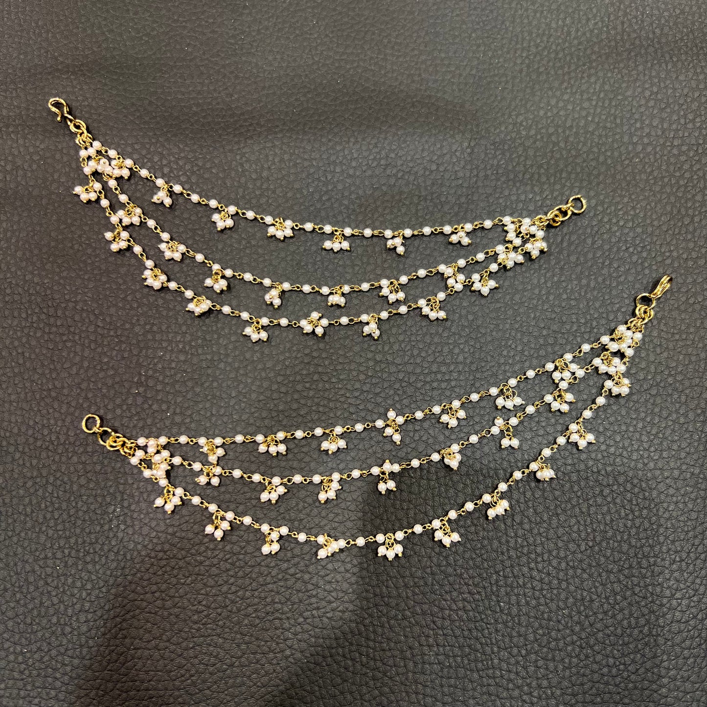 3 Line Pearl with Pearl Cluster Ear Chains - Gold/White Pearls