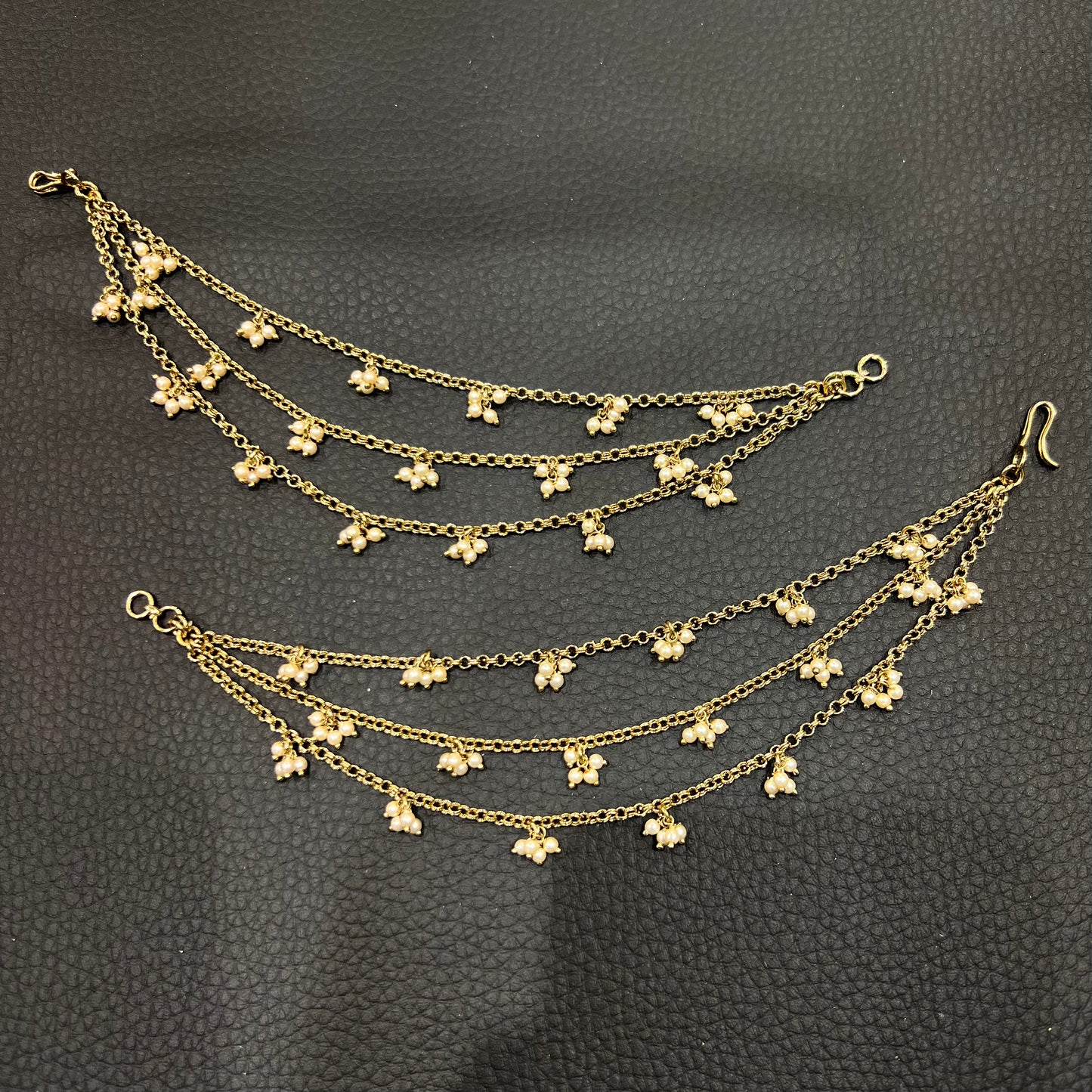 3 Line Chain with Pearl Cluster Ear Chains - Gold/Cream Pearls