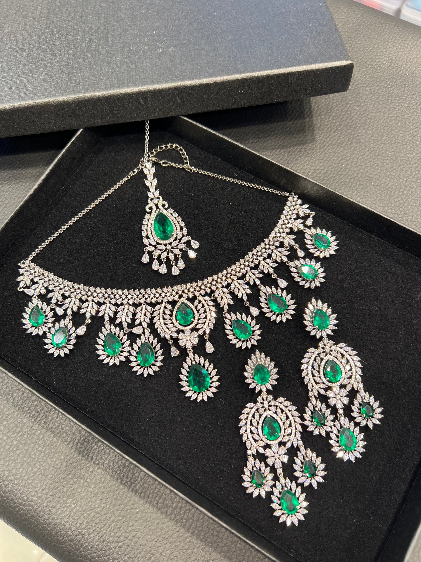 American Diamond Necklace Set - Gunmetal/Green