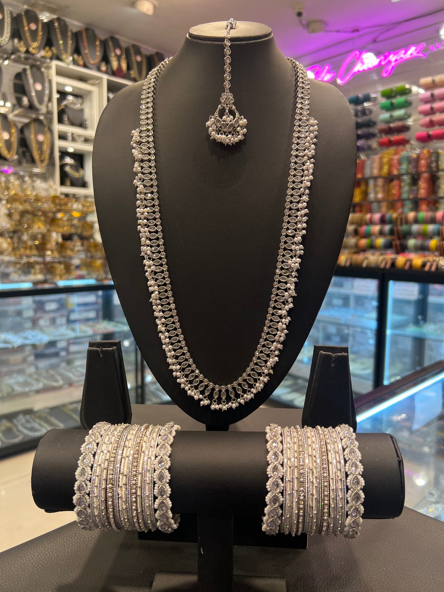 Long Mala & Bangles Bundle - Silver/Pearl