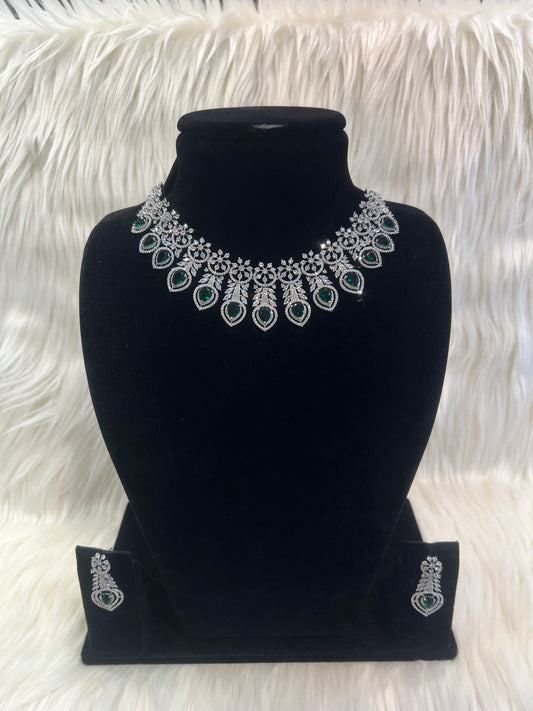 American Diamond Necklace Set - Silver/Green