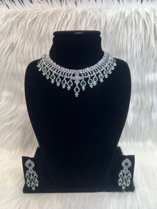 American Diamond Necklace Set - Silver/Green