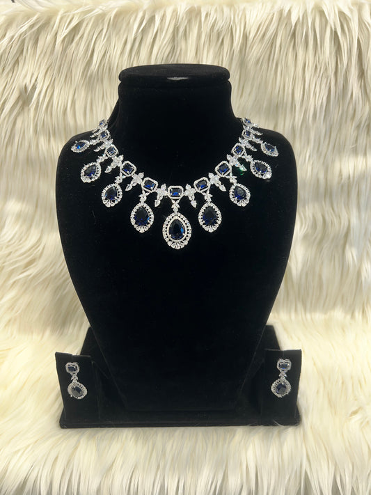 American Diamond Necklace Set - Silver/Navy Blue