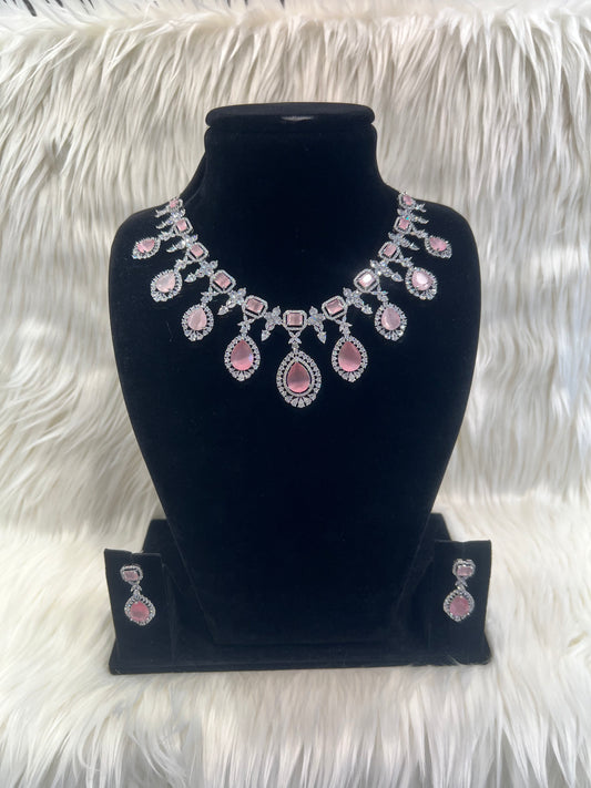 American Diamond Necklace Set - Silver/Pink