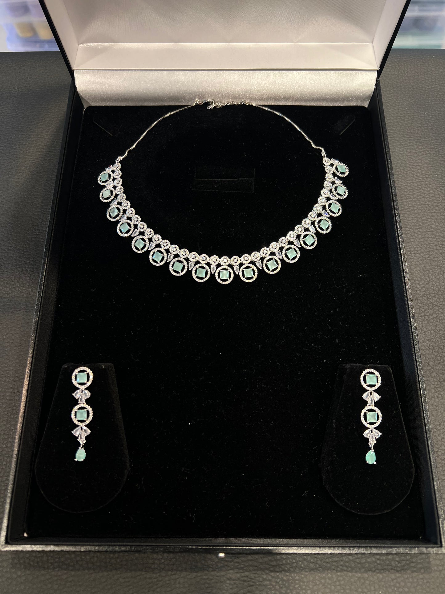 American Diamond Necklace Set - Silver/Mint