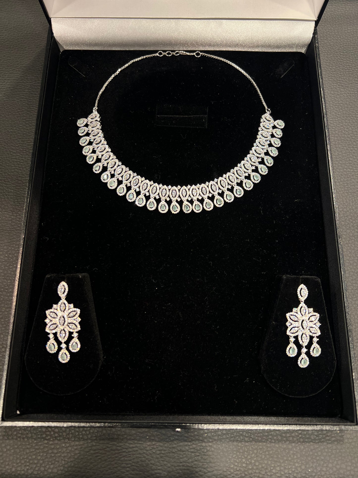 American Diamond Necklace Set - Silver/Mint