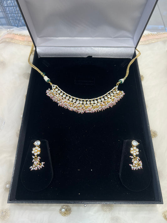 Pachi Kundan Necklace Set - Gold/Pink