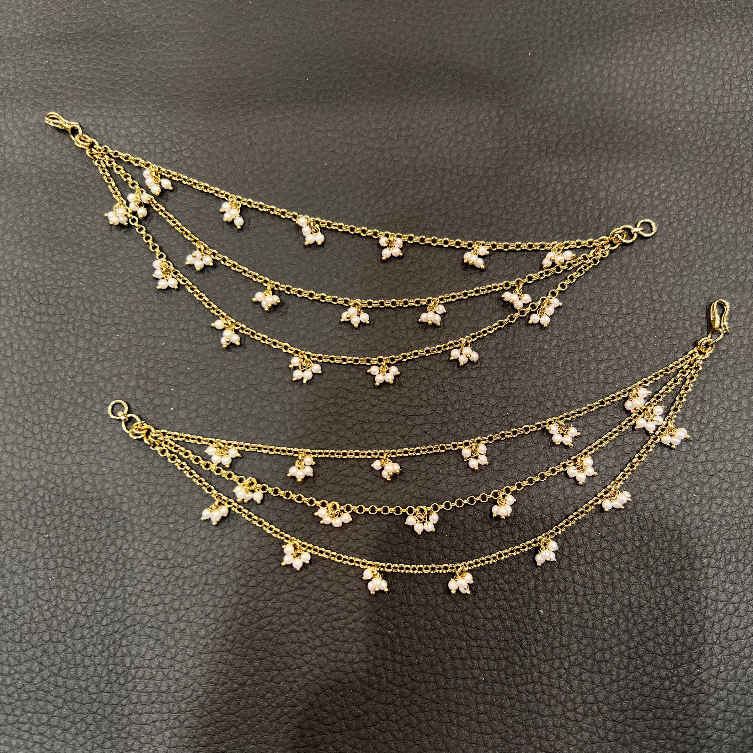3 Line Chain with Pearl Cluster Ear Chains - Gold/White Pearls