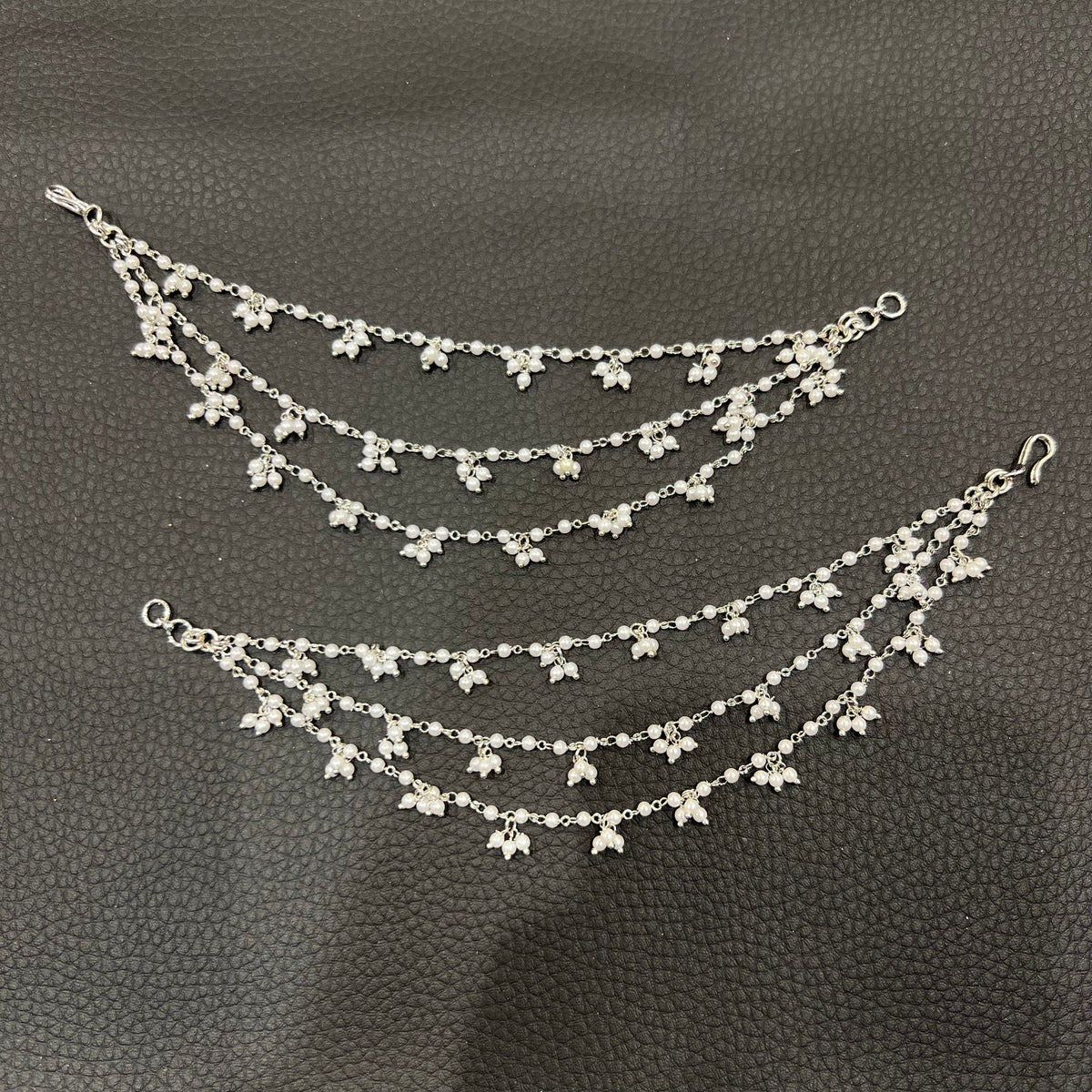 3 Line Pearl with Pearl Cluster Ear Chains - Silver/White Pearls