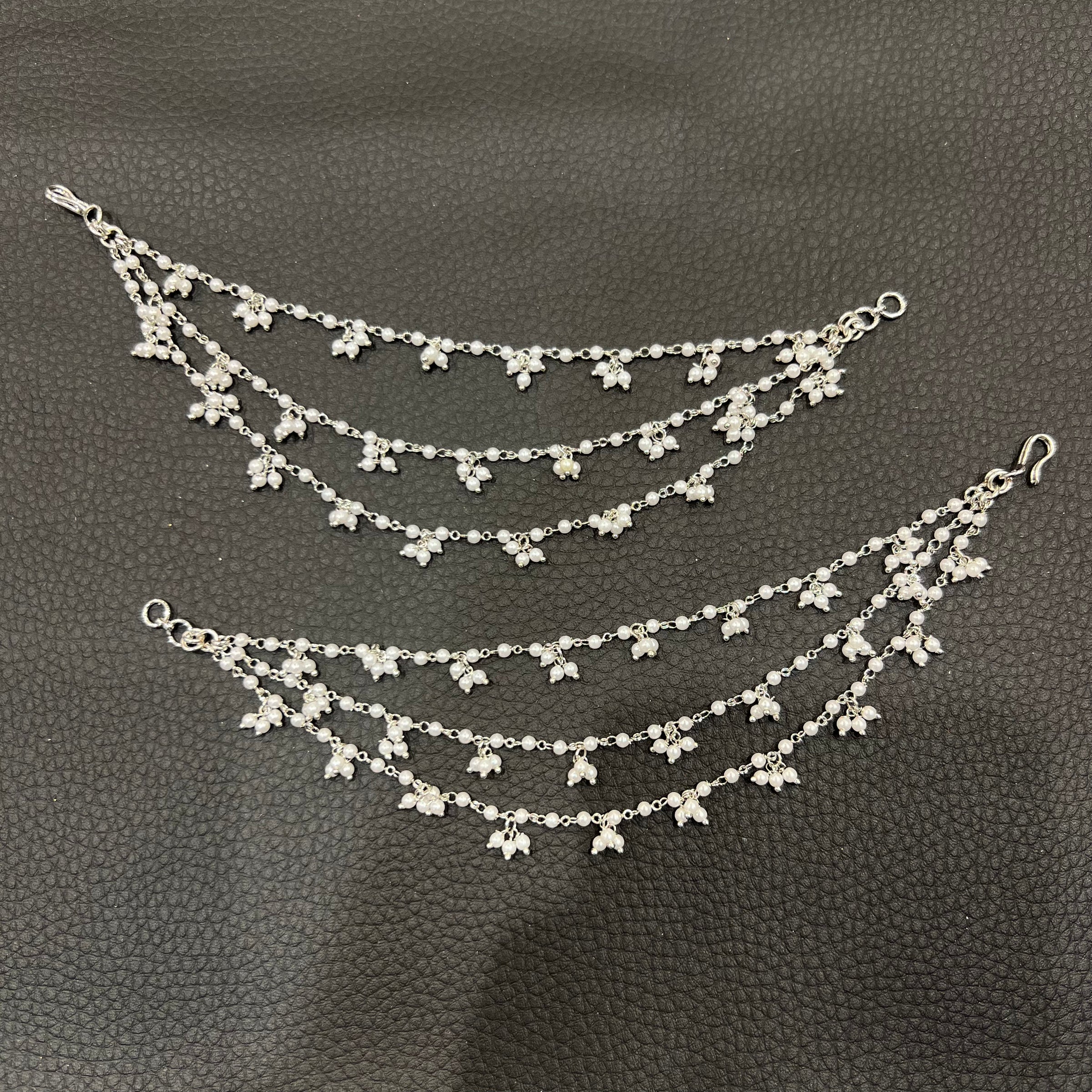 3 Line Pearl with Pearl Cluster Ear Chains - Silver/White Pearls