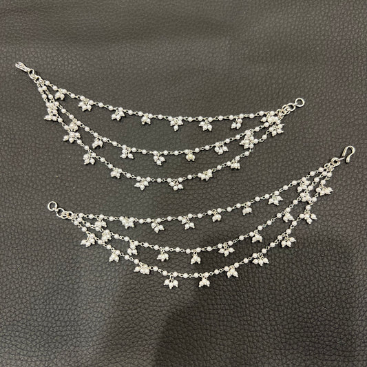 3 Line Pearl with Pearl Cluster Ear Chains - Silver/White Pearls