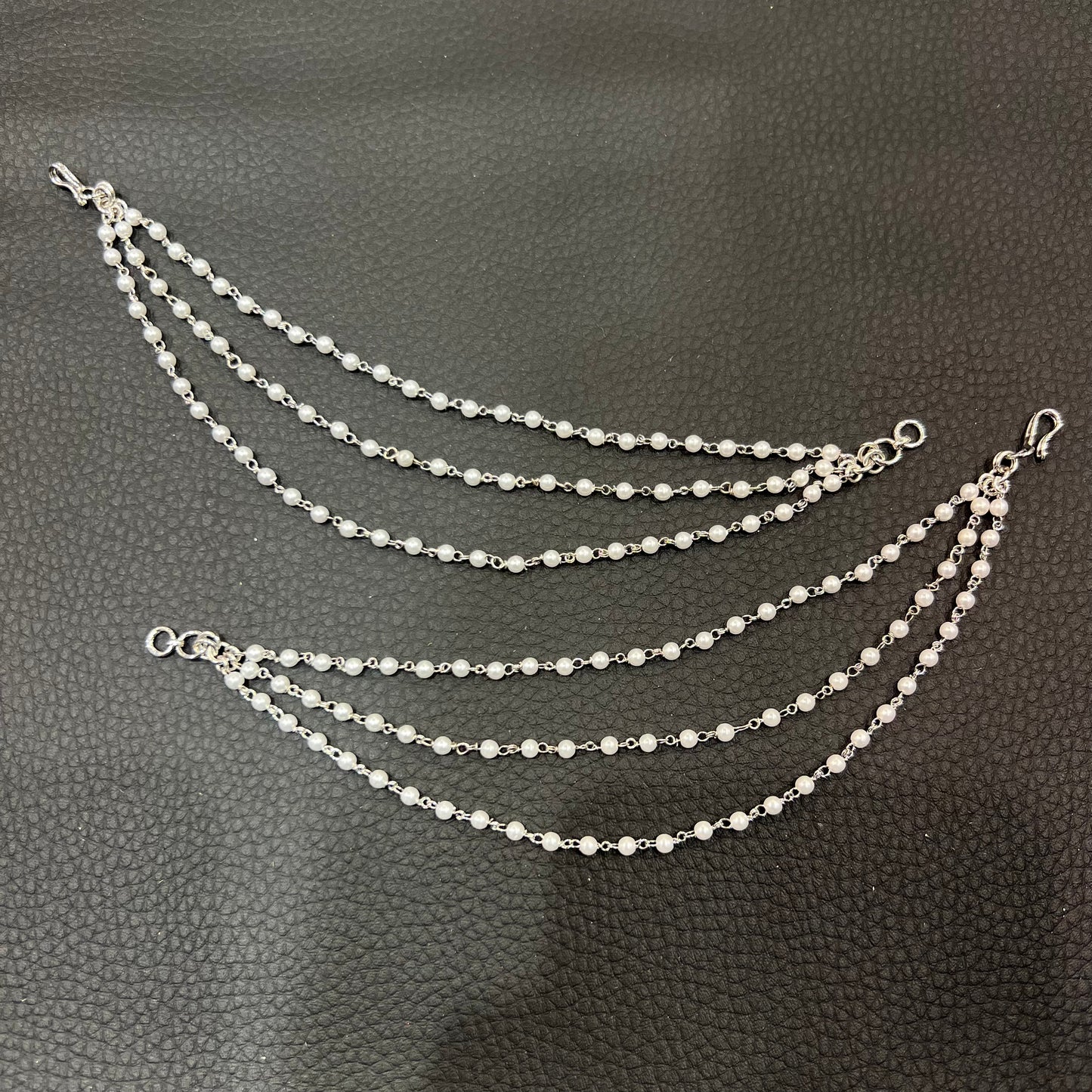 3 Line Pearl Ear Chains - Silver/White Pearl