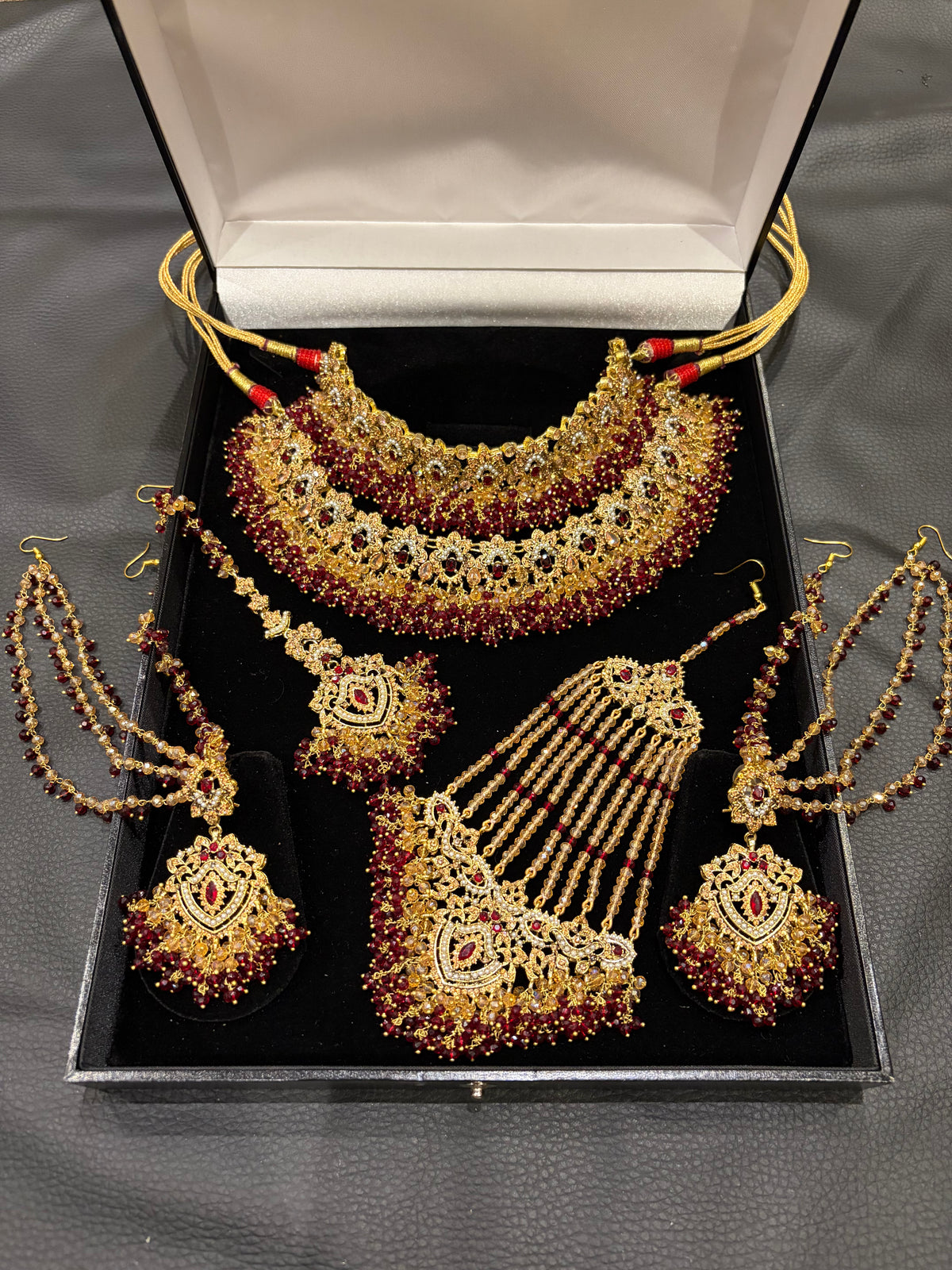 NAZIA Double Choker - Champagne & Maroon Clusters