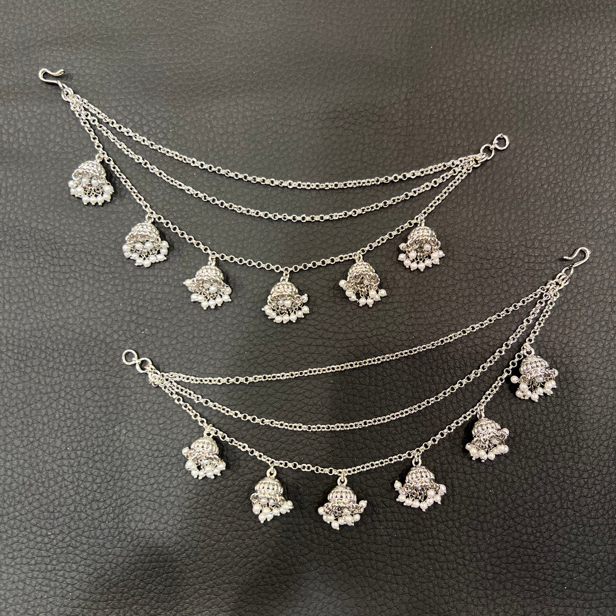 3 Line Chain with Jhumka Ear Chains - Silver/White Pearls
