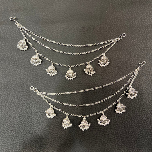 3 Line Chain with Jhumka Ear Chains - Silver/White Pearls