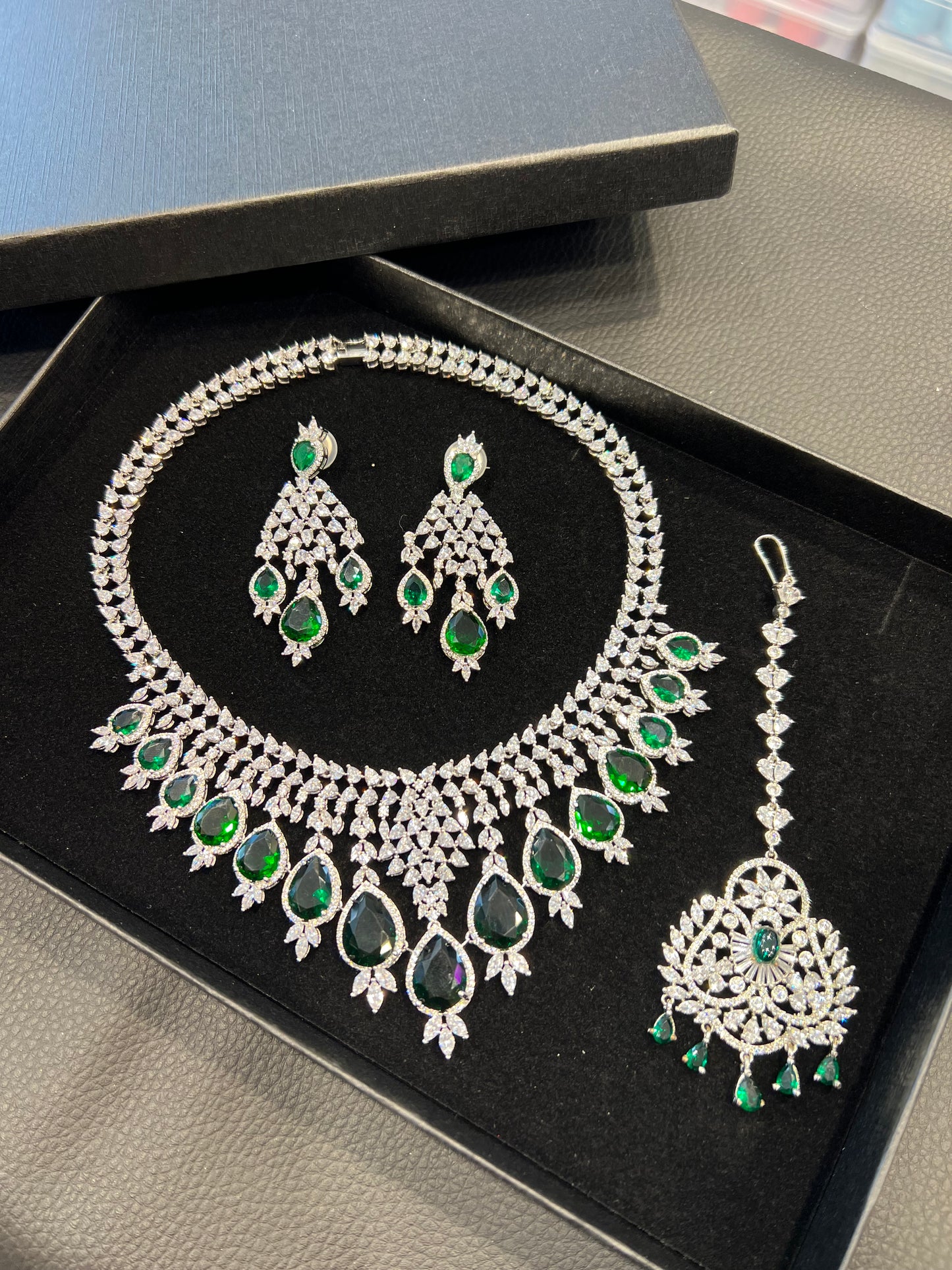 American Diamond Necklace Set - Silver/Green