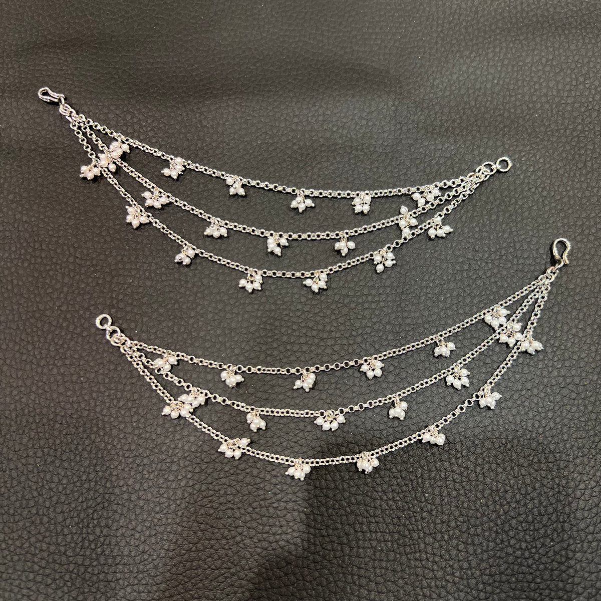 3 Line Chain with Pearl Cluster Ear Chains - Silver/White Pearls