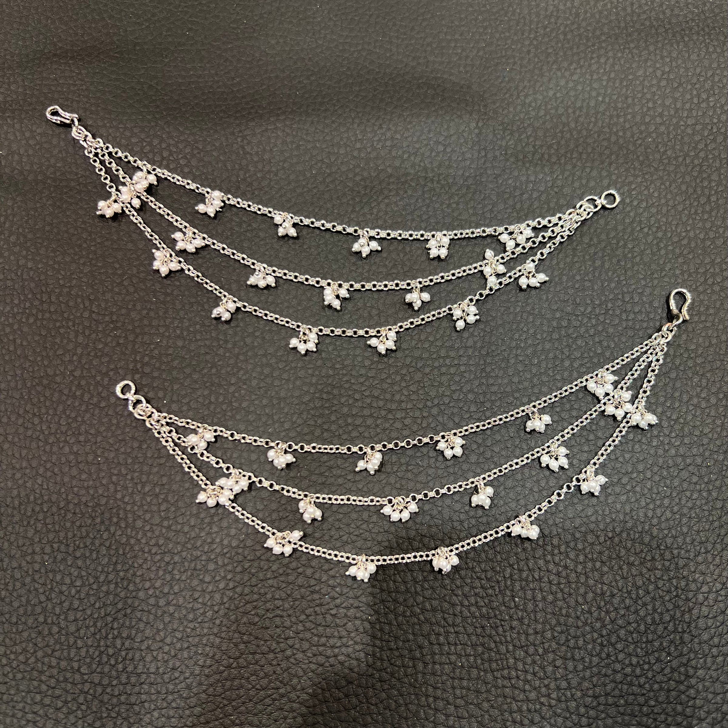 3 Line Chain with Pearl Cluster Ear Chains - Silver/White Pearls
