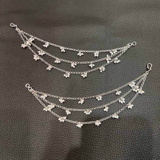 3 Line Chain with Pearl Cluster Ear Chains - Silver/White Pearls