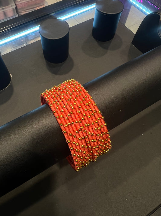 Thread Bangles - Dark Coral Pink/Gold Dot