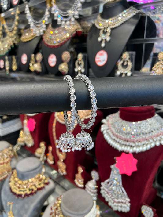 Teardrop Jhumka Bangles- Silver/Pearl