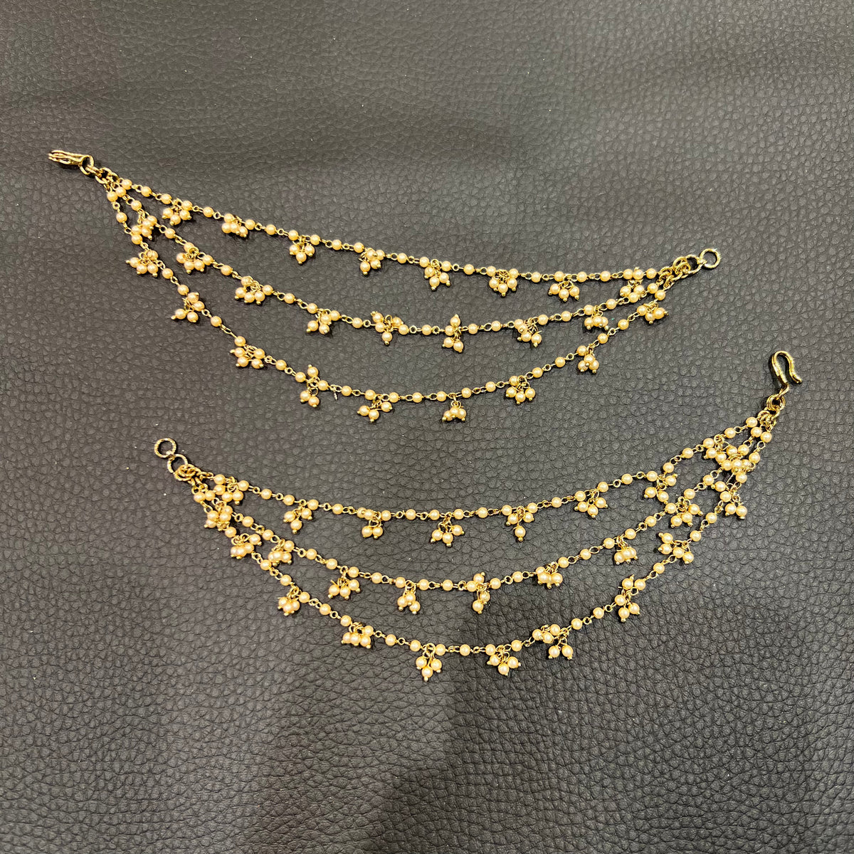3 Line Pearl with Pearl Cluster Ear Chains - Gold/Cream Pearls
