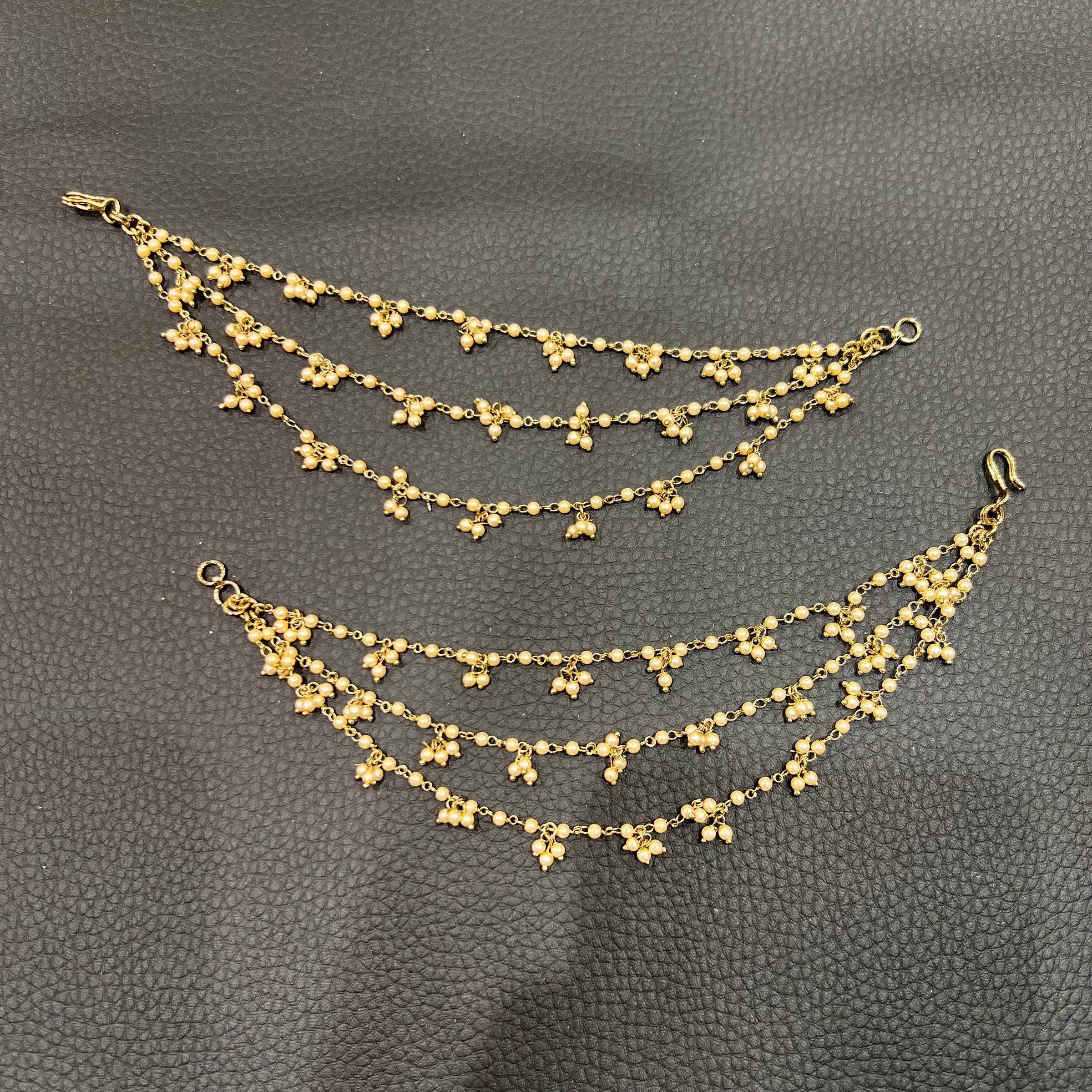 3 Line Pearl with Pearl Cluster Ear Chains - Gold/Cream Pearls