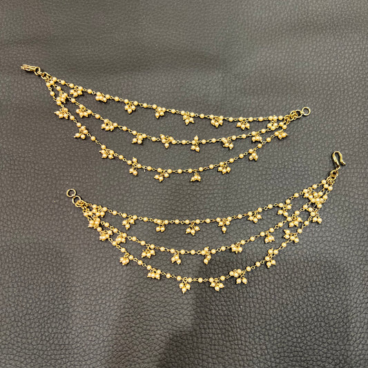 3 Line Pearl with Pearl Cluster Ear Chains - Gold/Cream Pearls