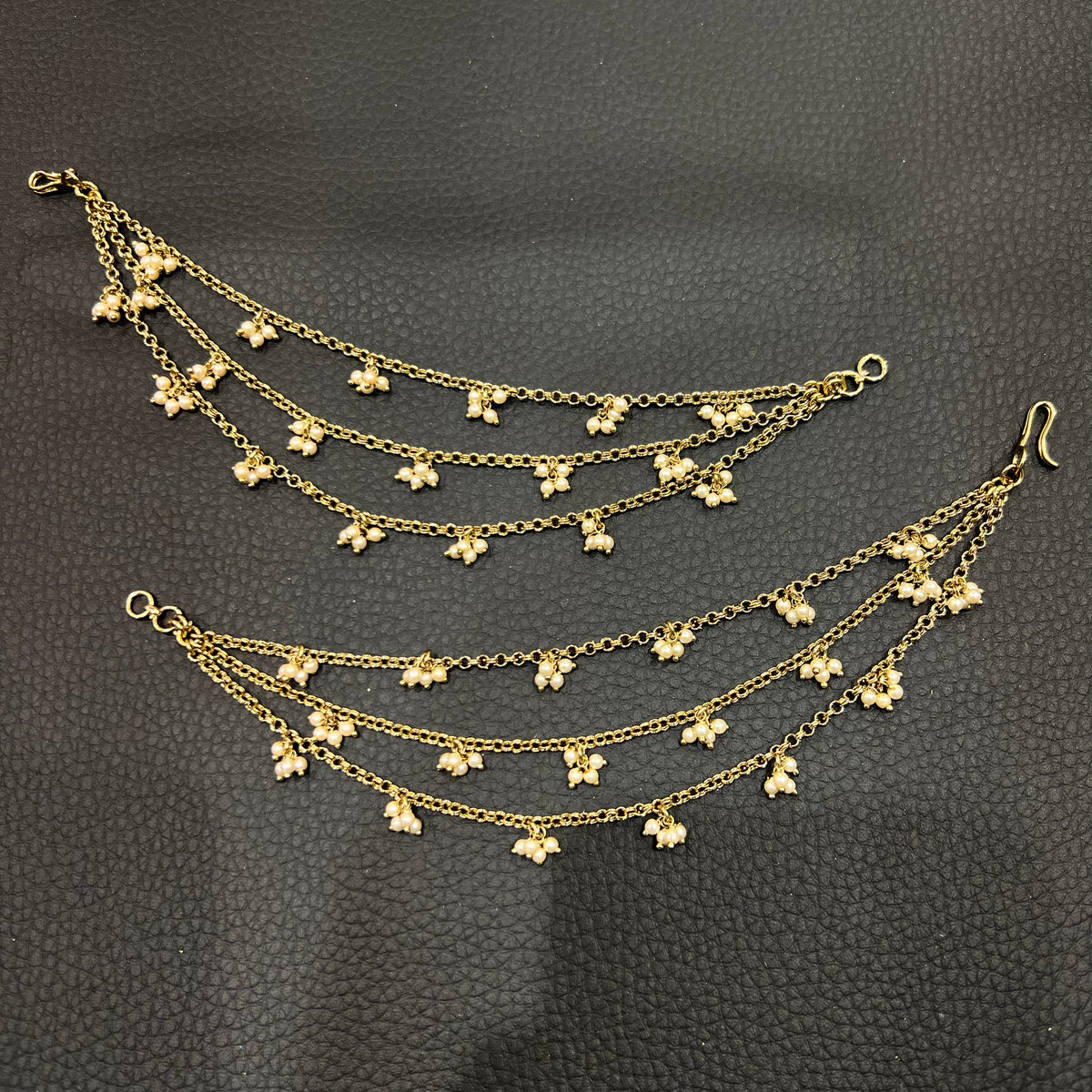 3 Line Chain with Pearl Cluster Ear Chains - Gold/Cream Pearls