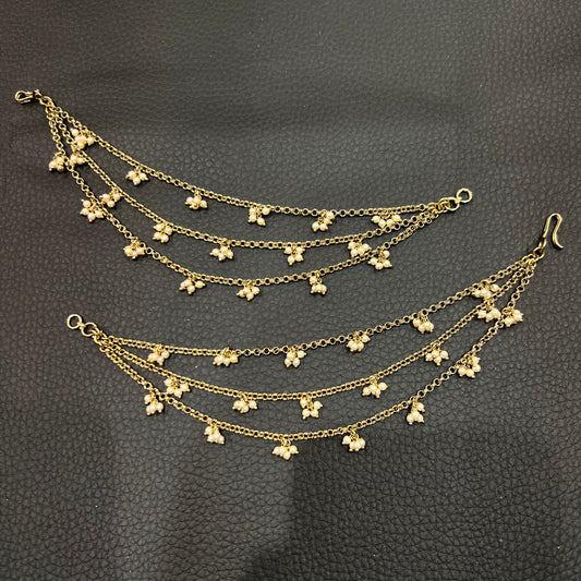 3 Line Chain with Pearl Cluster Ear Chains - Gold/Cream Pearls