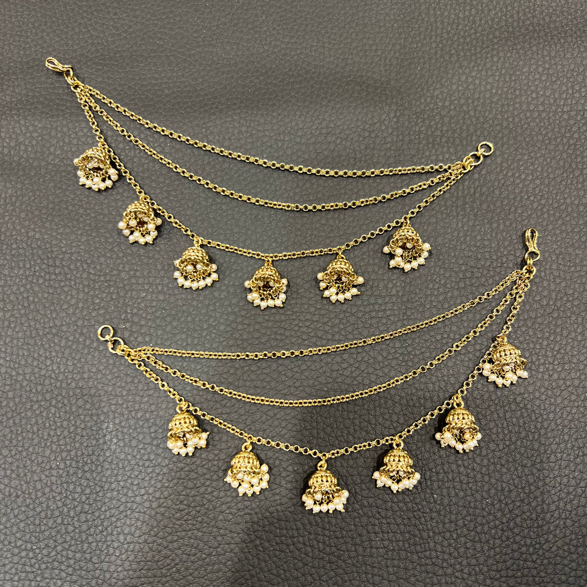 3 Line Chain with Jhumka Ear Chains - Gold/Cream Pearls