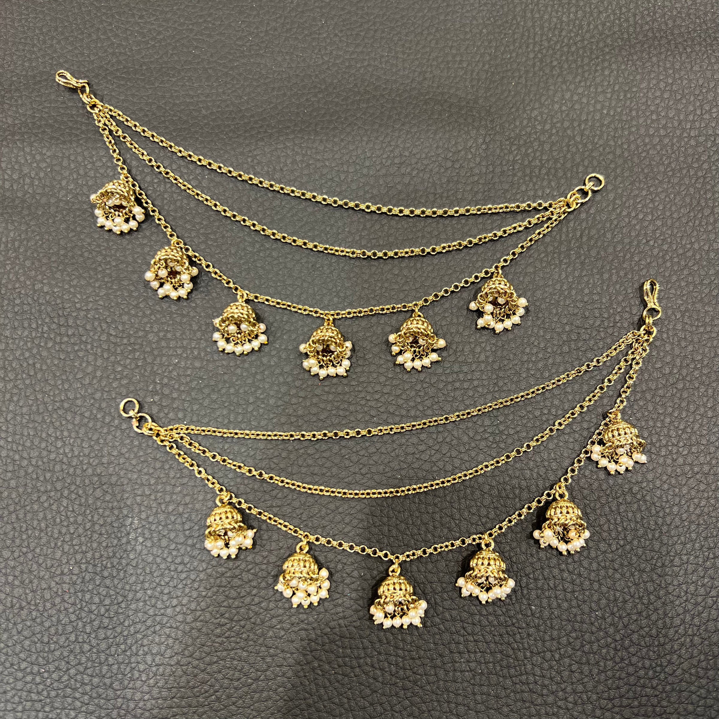 3 Line Chain with Jhumka Ear Chains - Gold/Cream Pearls