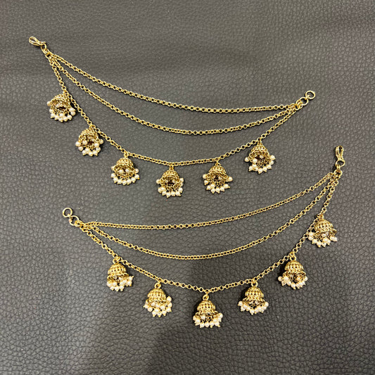 3 Line Chain with Jhumka Ear Chains - Gold/Cream Pearls