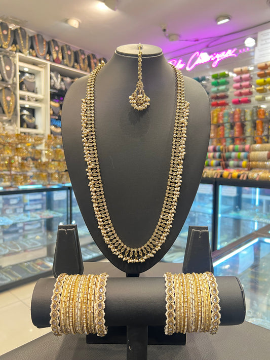 Long Mala & Bangles Bundle - White Gold/Pearl