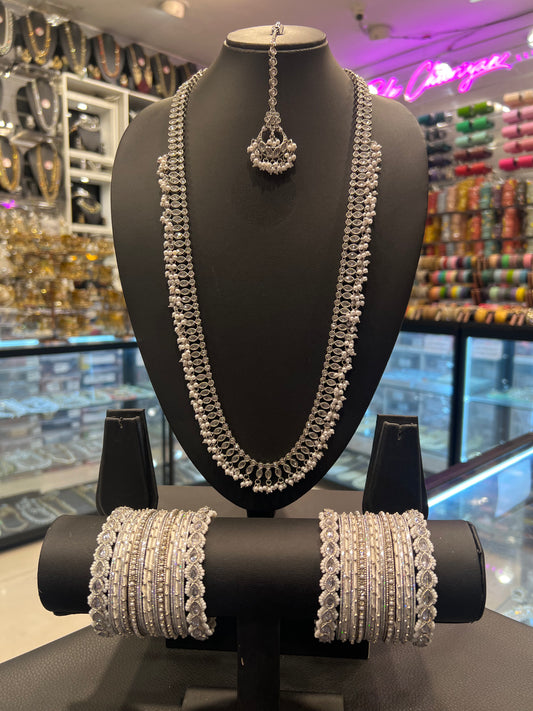 Long Mala & Bangles Bundle - Silver/Pearl