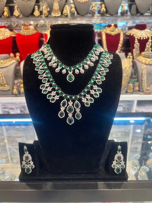 American Diamond Necklace Set - Silver/Green