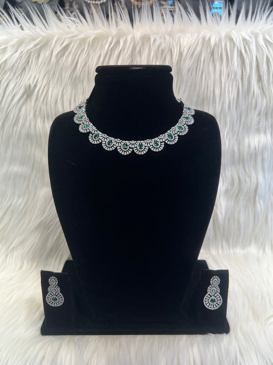 American Diamond Necklace Set - Silver/Green