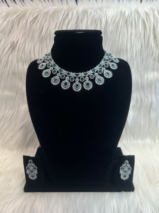 American Diamond Necklace Set - Silver/Green