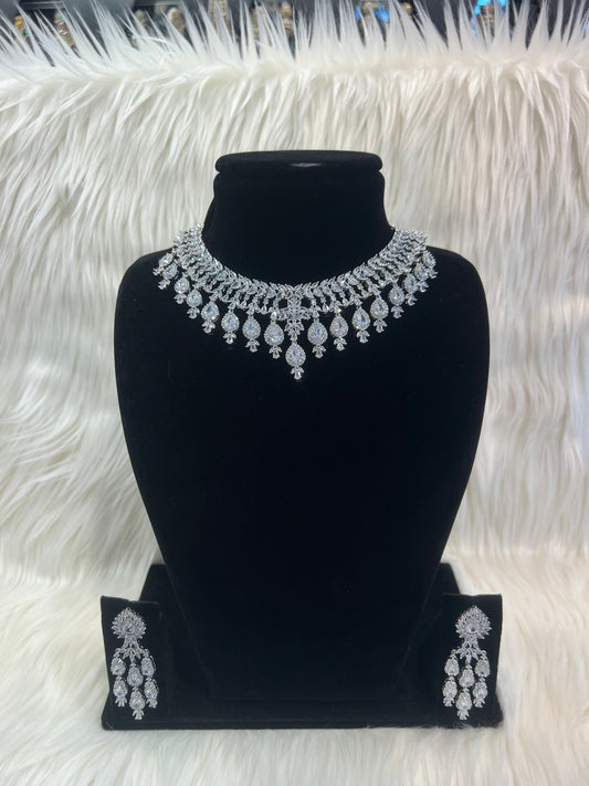 American Diamond Necklace Set - Silver