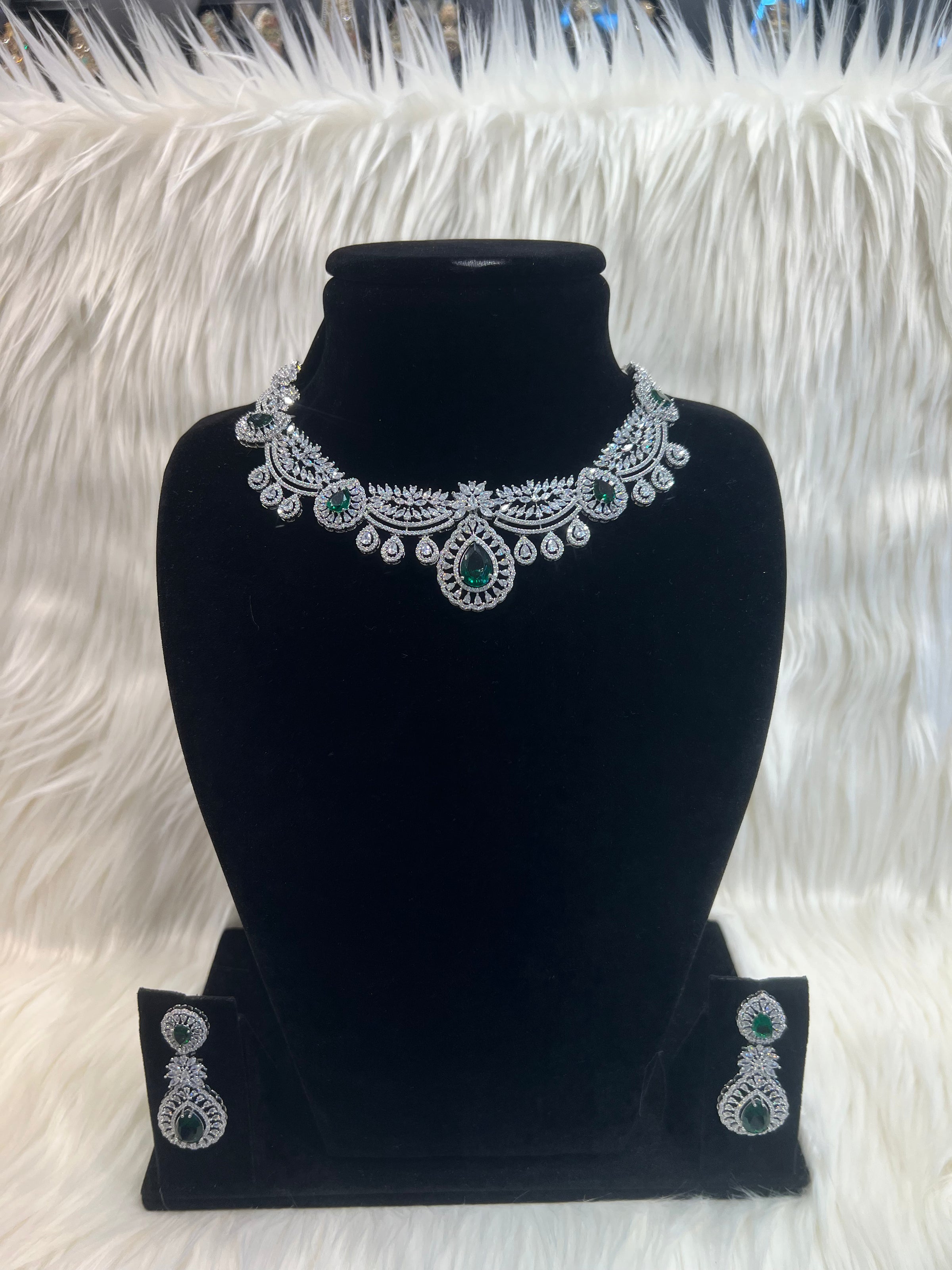 American Diamond Necklace Set - Silver/Green