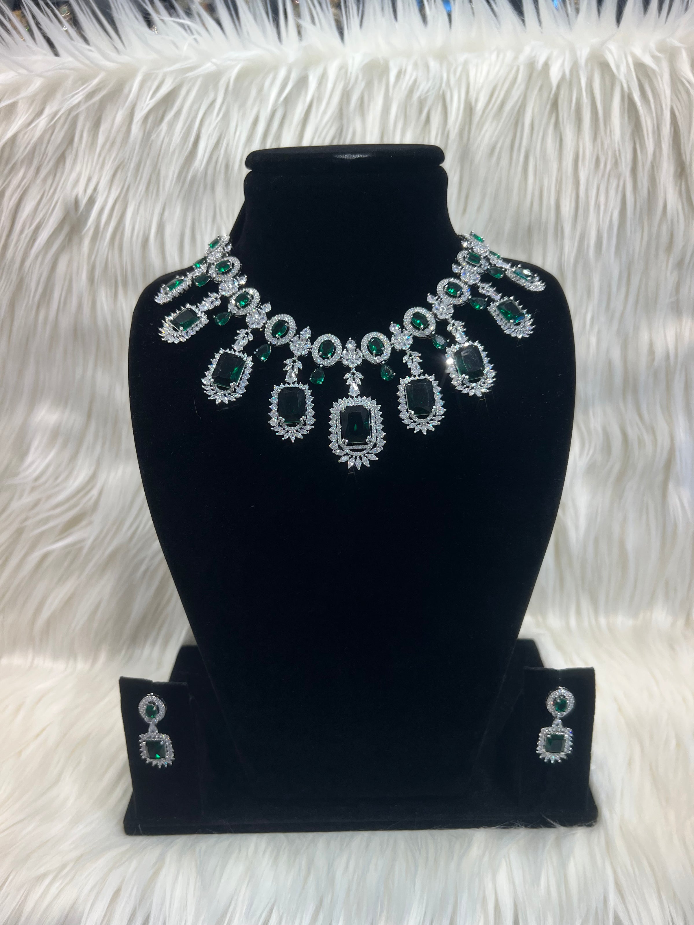 American Diamond Necklace Set - Silver/Green