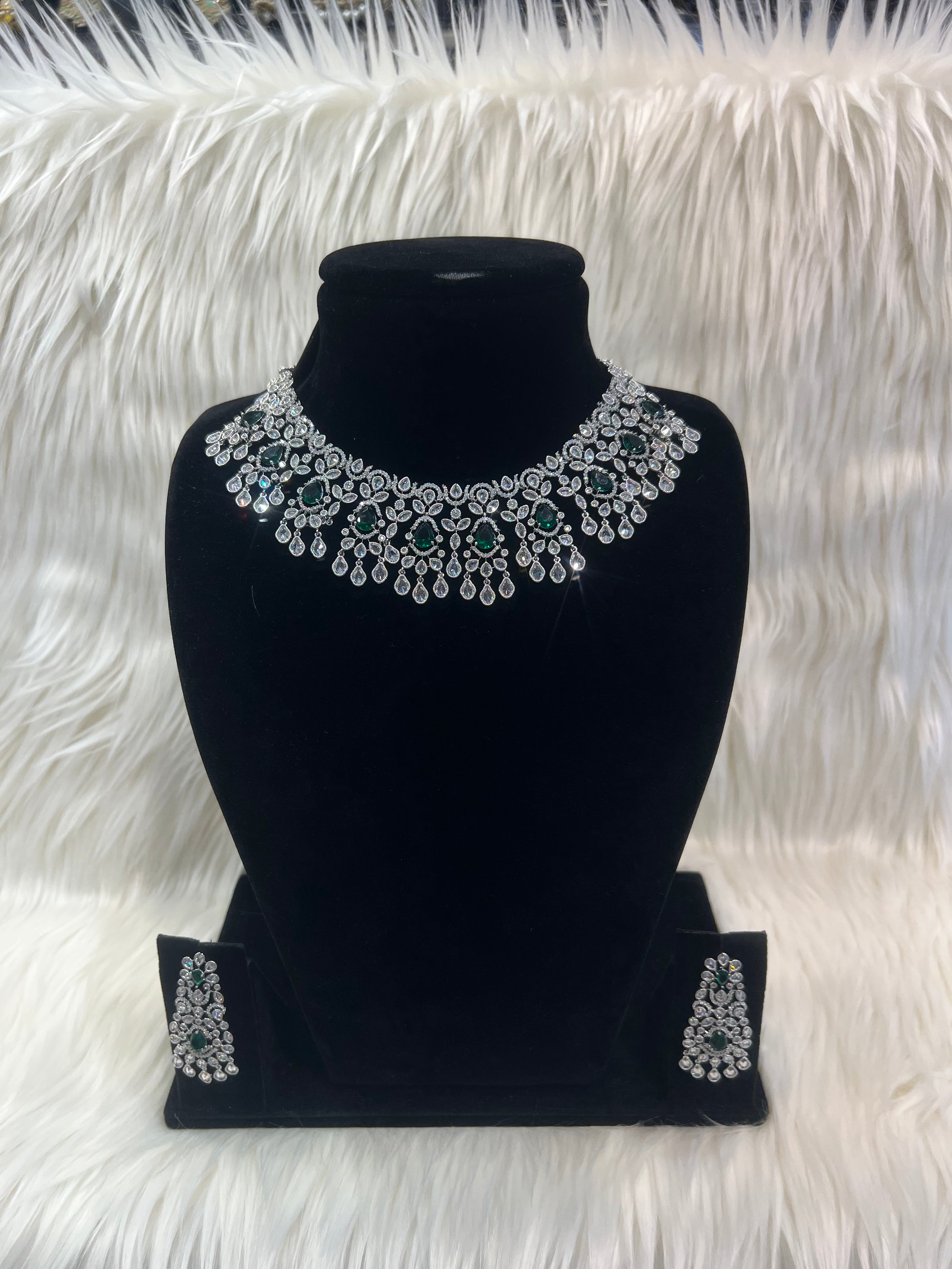 American Diamond Necklace Set - Silver/Green