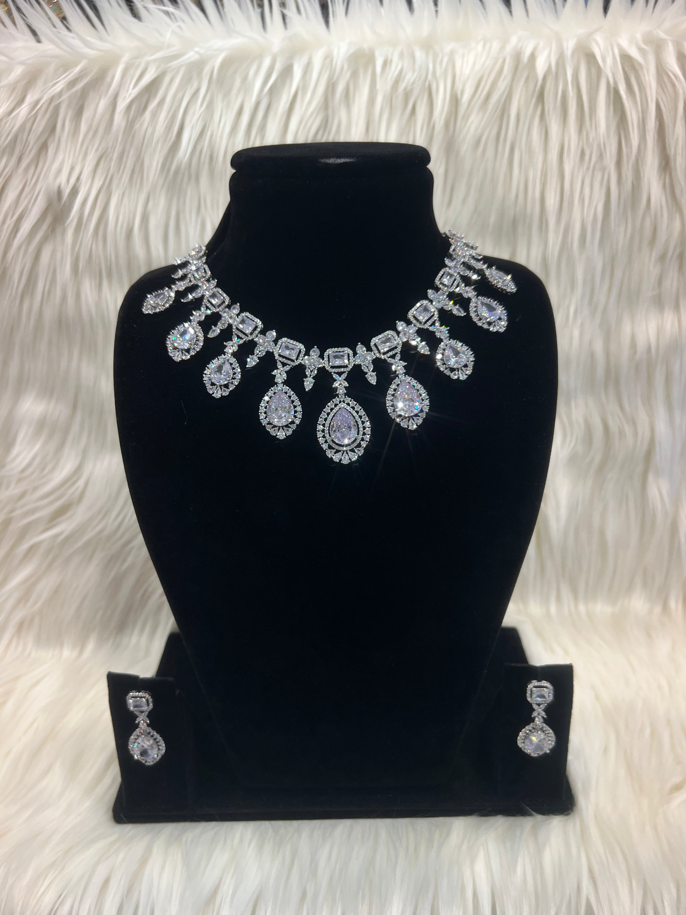 American Diamond Necklace Set - Silver
