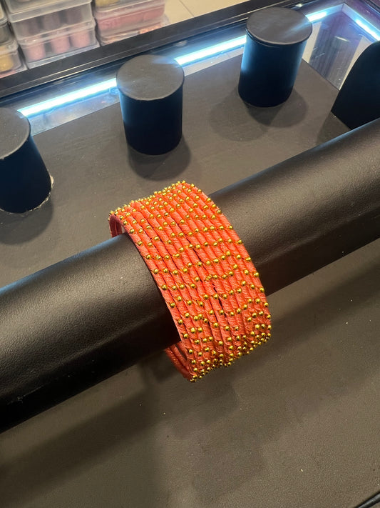 Thread Bangles - Coral Pink/Gold Dot