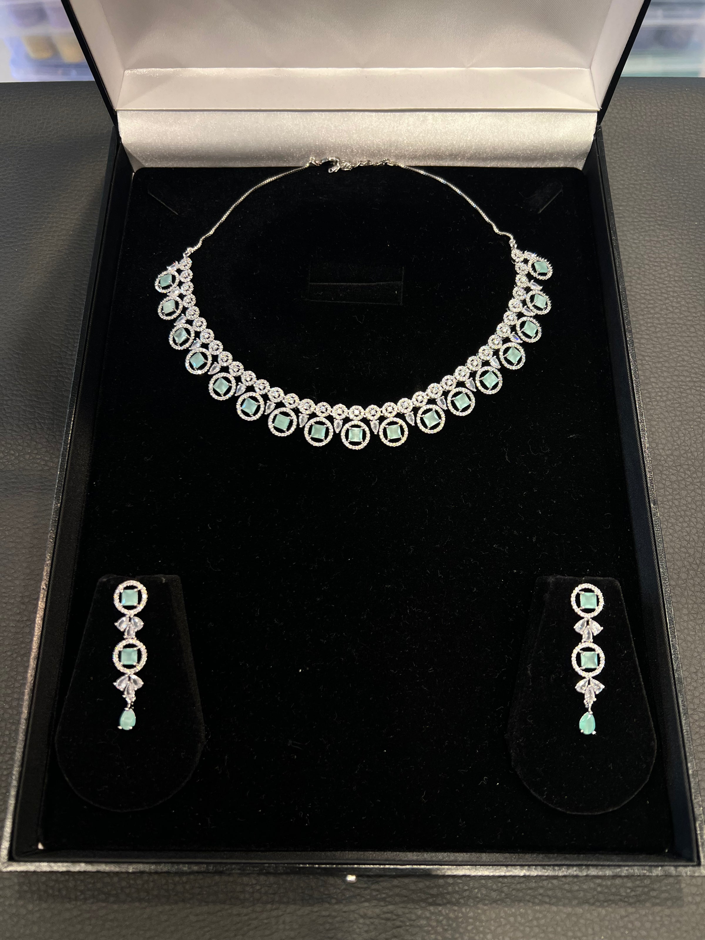American Diamond Necklace Set - Silver/Mint