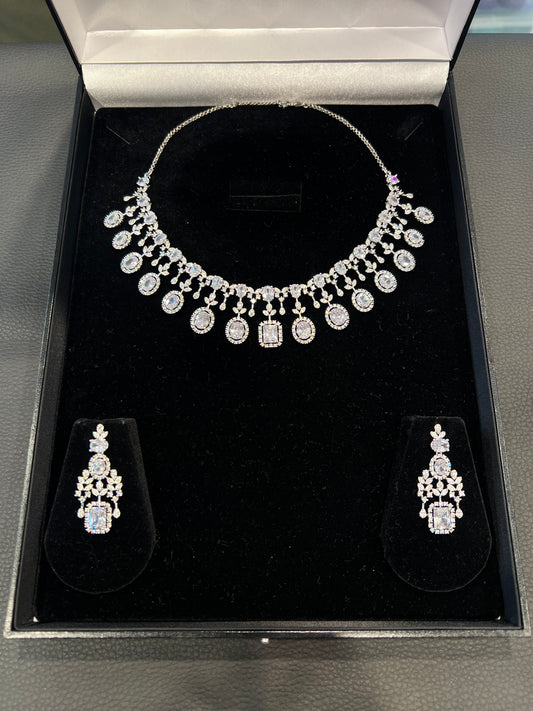 American Diamond Necklace Set - Silver