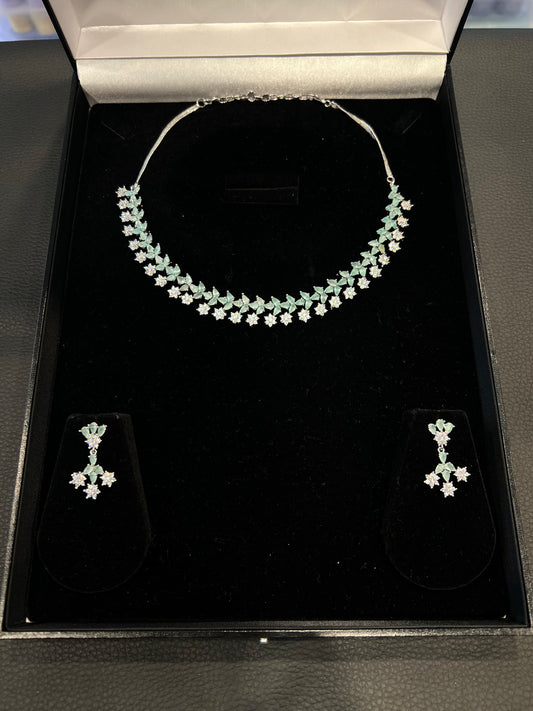 American Diamond Necklace Set - Silver/Mint